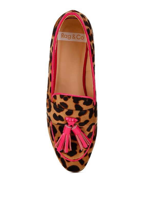 Rag Company womens casual suede loafers leopard print flats with pink tassel detail