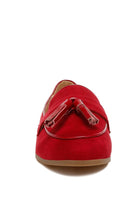 Rag Company womens casual suede loafers in red with tassel detail and rubber sole