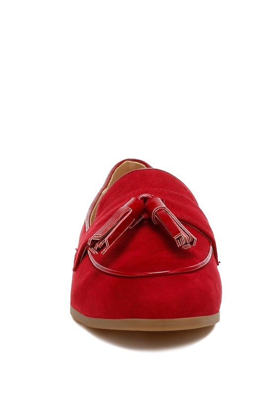 Rag Company womens casual suede loafers in red with tassel detail and rubber sole