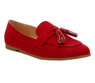 Rag Company womens casual suede loafers in red with tassel detail and flat sole