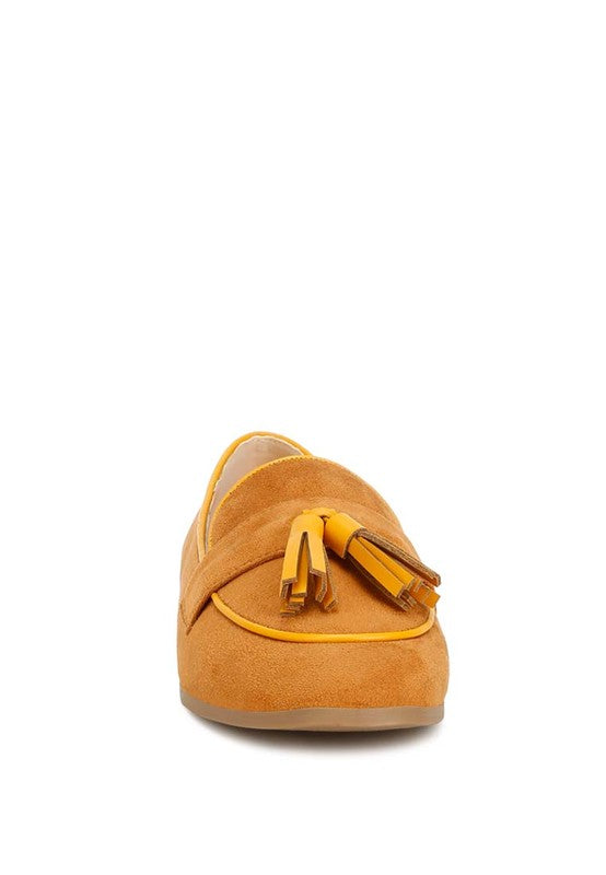 Rag Company womens casual suede loafers in tan with tassel detail and flat sole