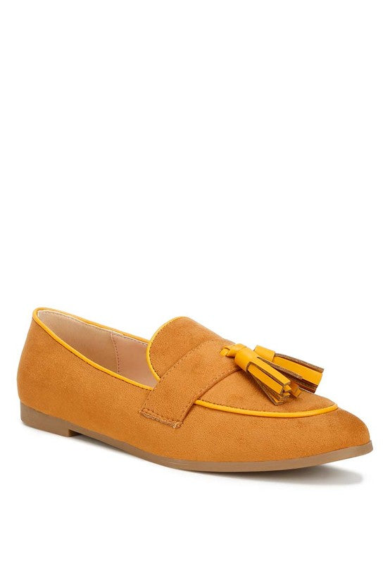 Rag Company womens casual suede loafers in mustard yellow with tassel detail and flat sole