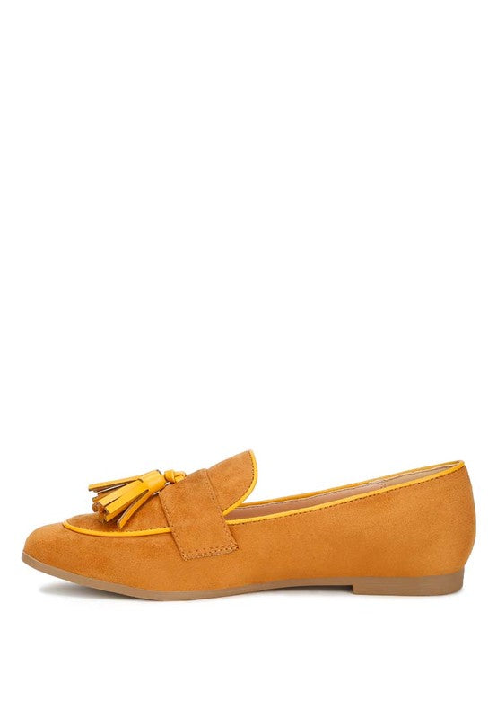Rag Company womens casual suede loafers tan with tassel detail and flat sole