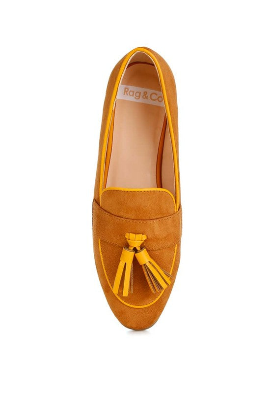 Rag Company womens casual suede loafers in mustard yellow with tassel detail