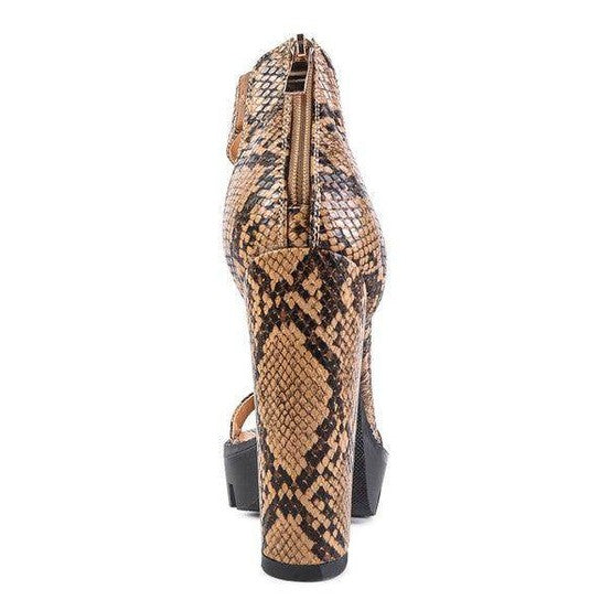 Rag Company women's rattle snake pattern shoes with high block heels and zipper closure