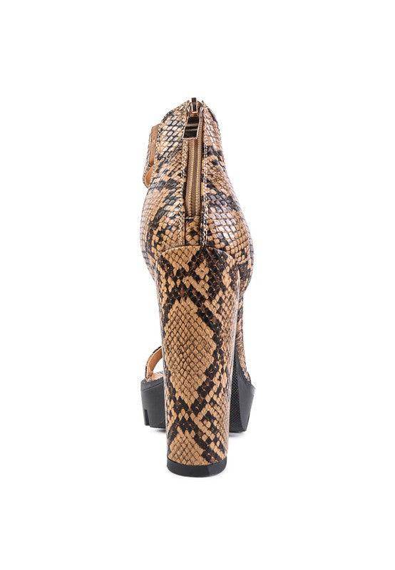 Rag Company women's rattle snake pattern shoes with high block heels and zipper closure