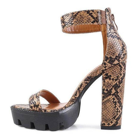 Rag Company women's heels with rattle snake pattern shoes featuring a stylish ankle strap and chunky heel