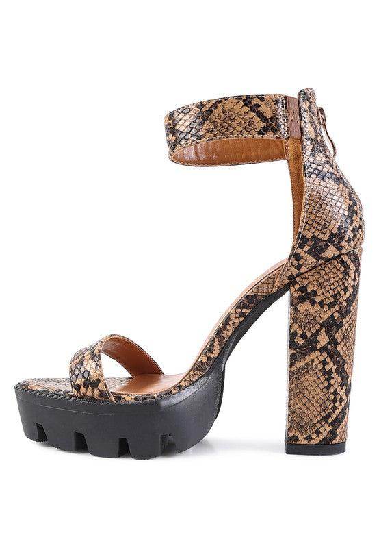 Rag Company women's heels with rattle snake pattern shoes featuring a stylish ankle strap and chunky heel