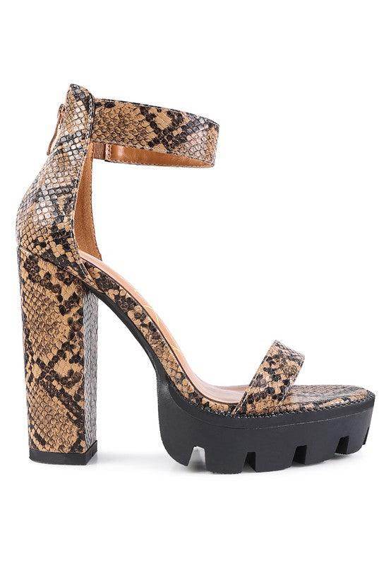Rag Company women's heels in rattle snake pattern shoes with stylish chunky heel and ankle strap