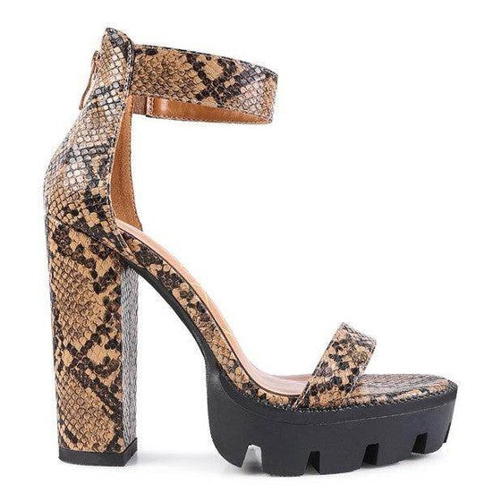 Rag Company women's heels in rattle snake pattern shoes with stylish chunky heel and ankle strap