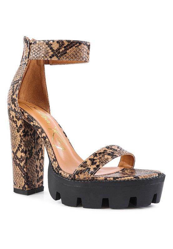 Rag Company women's heels featuring a trendy rattle snake pattern shoes design with chunky platform