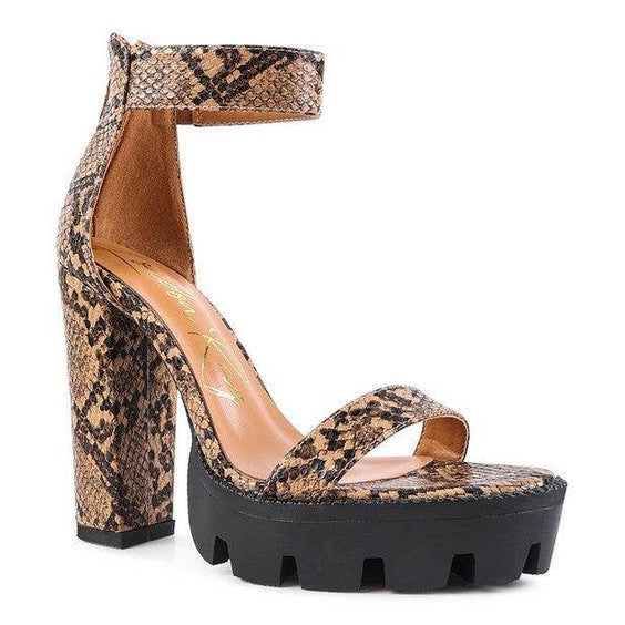 Rag Company women's heels featuring a trendy rattle snake pattern shoes design with chunky platform