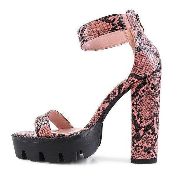 Rag Company women's heels with rattle snake pattern shoes and a chunky block heel for trendy style