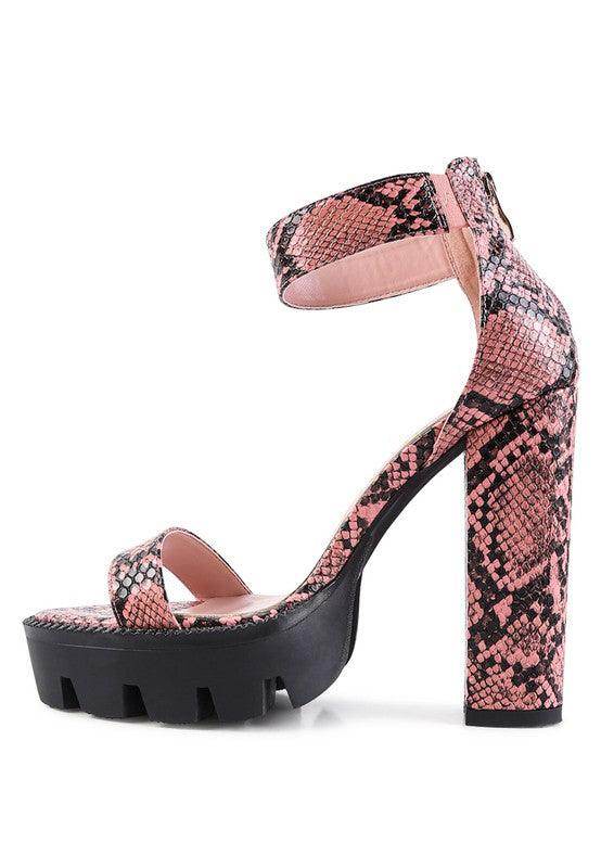 Rag Company women's heels with rattle snake pattern shoes and a chunky block heel for trendy style