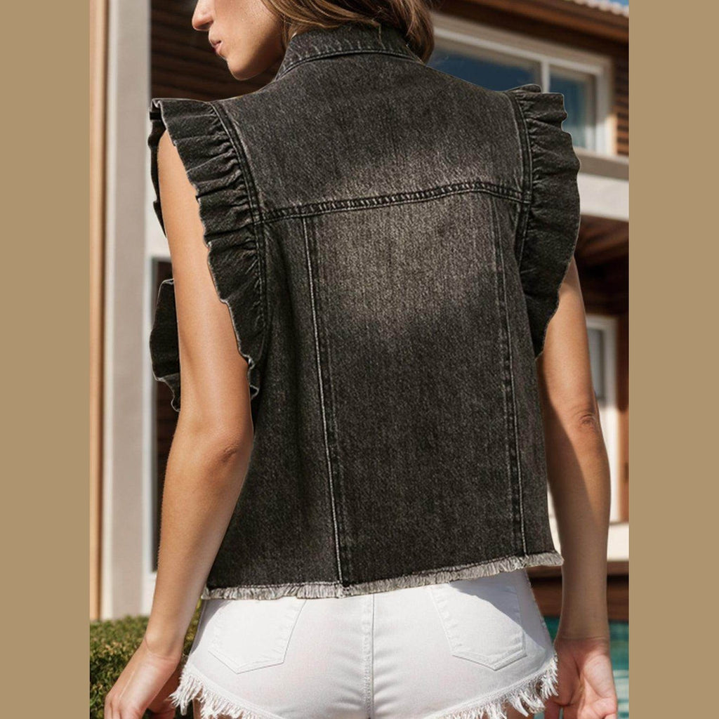 Raw Hem Ruffled Cap Sleeve Denim Jacket - VacationGrabs