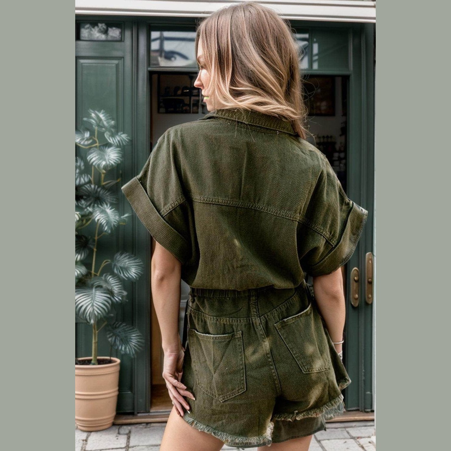 Raw Hem Short Sleeve Denim Romper - VacationGrabs