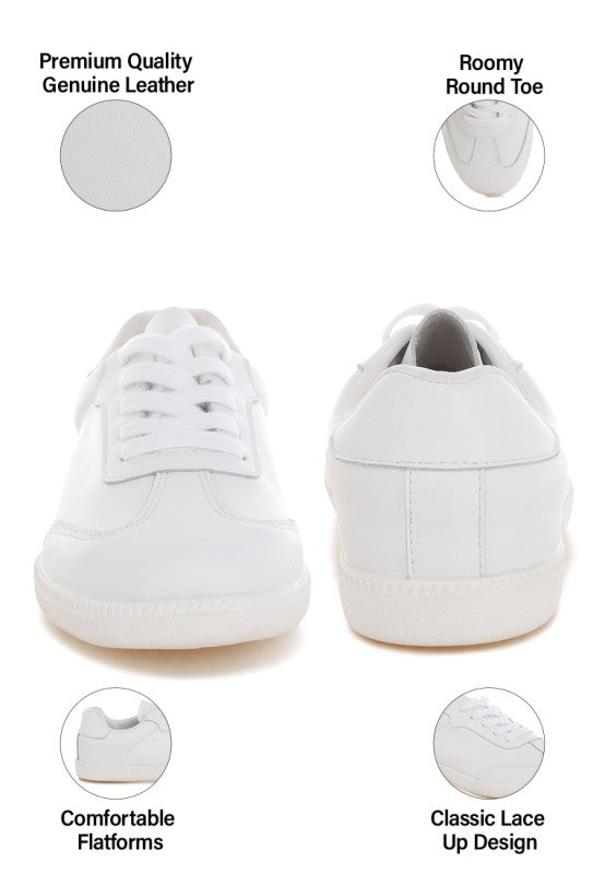 Women's white real leather casual sneakers with comfortable flatforms