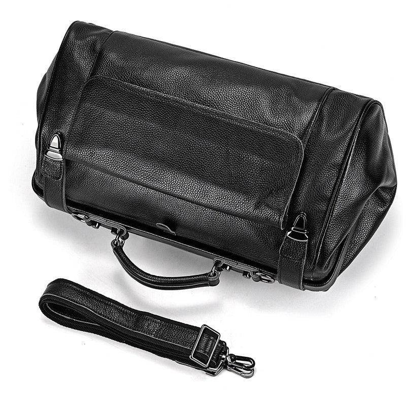 VacationGrabs real leather travel bags in classic black design with detachable shoulder strap