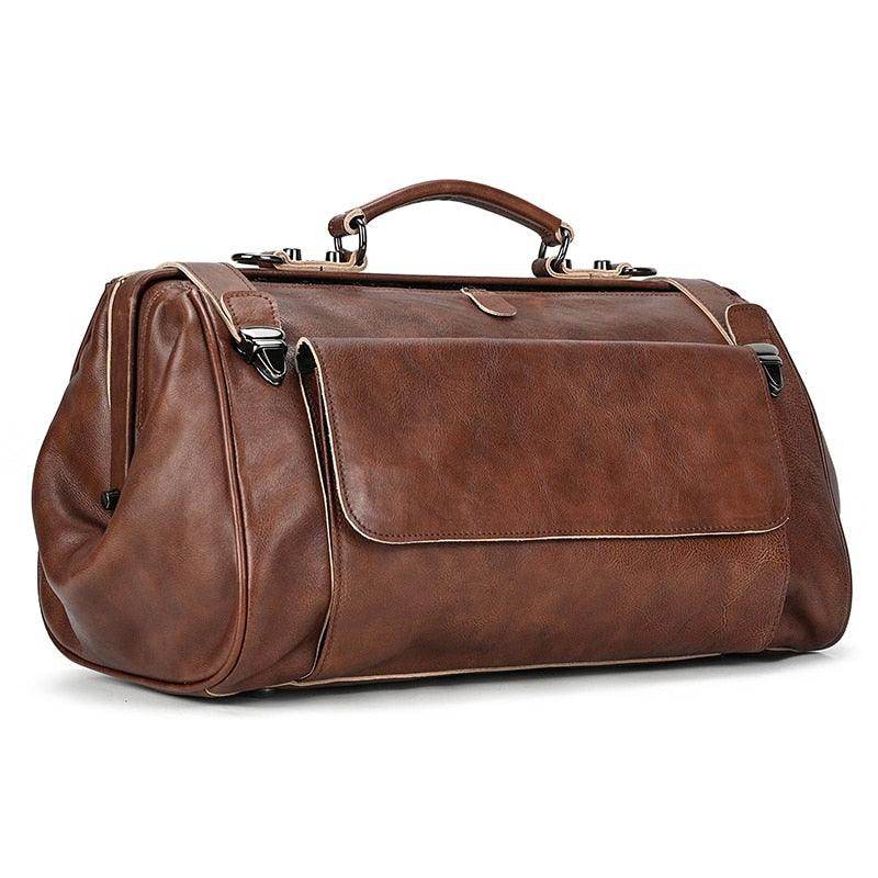 VacationGrabs real leather travel bags in brown with a spacious design and sturdy handles