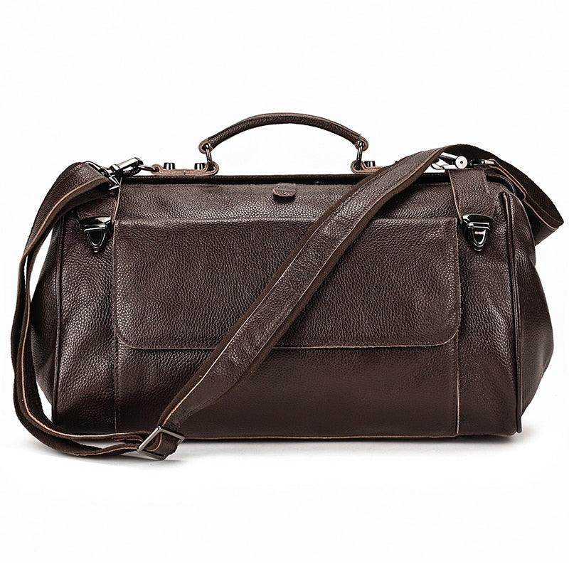 Brown real leather travel bags with adjustable shoulder strap and sturdy handles for easy carrying
