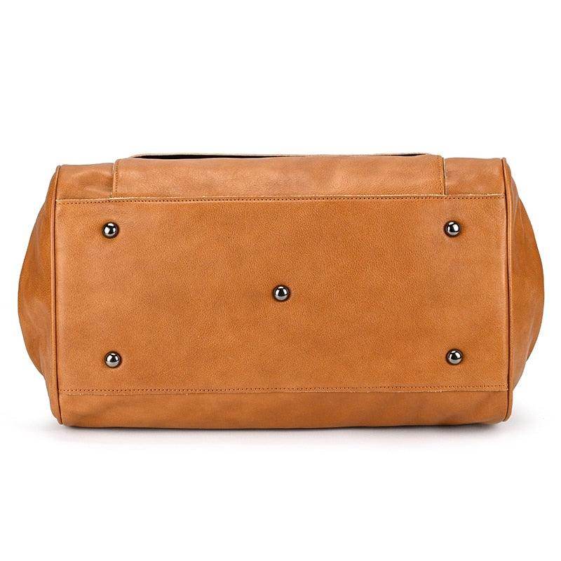 Bottom view of VacationGrabs real leather travel bags with protective feet for durability and style