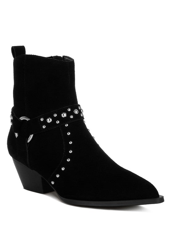 Rag Company black real suede leather western boots with studded detailing and ankle height