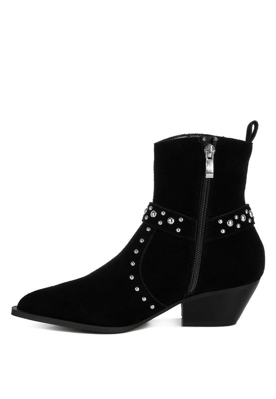 Stylish Rag Company real suede leather western boots with studded accents and a zipper closure