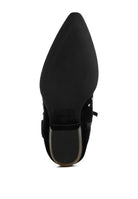 Sleek black bottom view of Rag Company real suede leather western boots with pointed toe design