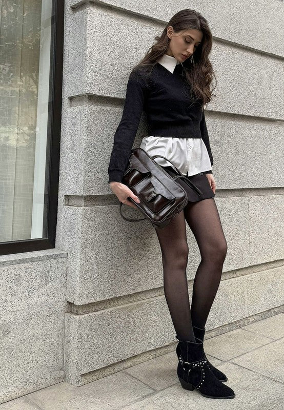 Rag Company women's real suede leather western boots styled with black outfit against a city backdrop