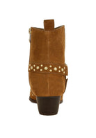 Rag Company real suede leather western boots with studded strap and low heel for stylish comfort