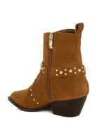 Rag Company real suede leather western boots in brown with gold studded details and a side zipper