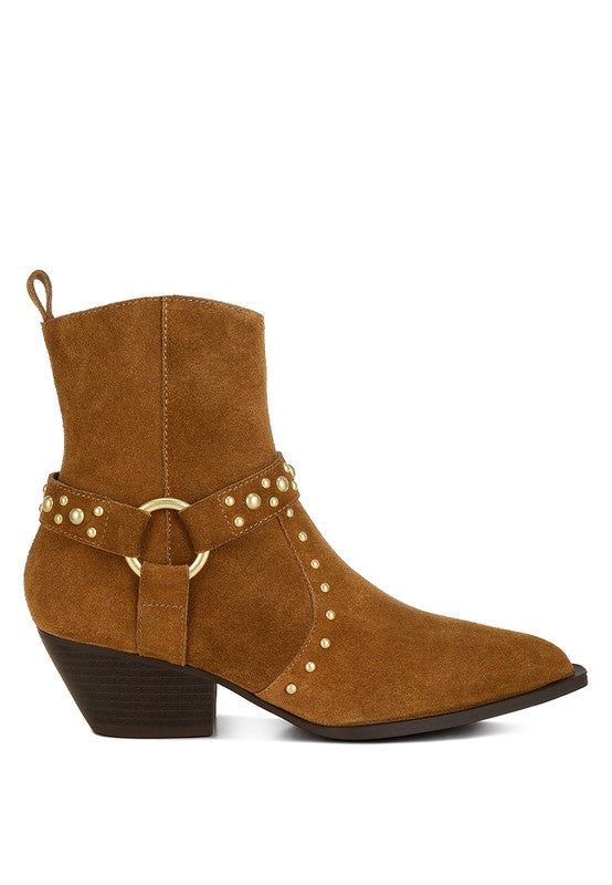 Rag Company real suede leather western boots in brown with decorative studs and a stylish belt detail
