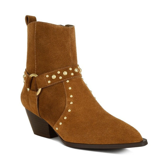 Rag Company real suede leather western boots with decorative studs and a stylish ankle design