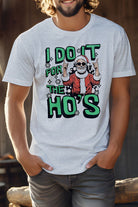 Rebel Stitch funny Christmas graphic tee with Santa and I Do It For The Ho's text on light gray men's shirt