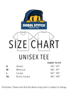 Rebel Stitch novelty coworker tee size chart for unisex fit with chest measurements