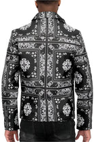 Stylish black leather jacket with intricate patterns, perfect for trendy outfits