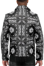 Stylish black leather jacket with intricate patterns, perfect for trendy outfits