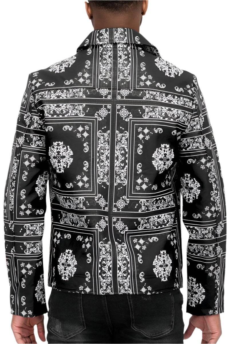 Stylish black leather jacket with intricate patterns, perfect for trendy outfits
