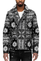 Men's WEIV black leather jacket with white bandana patterns, a stylish look for casual wear