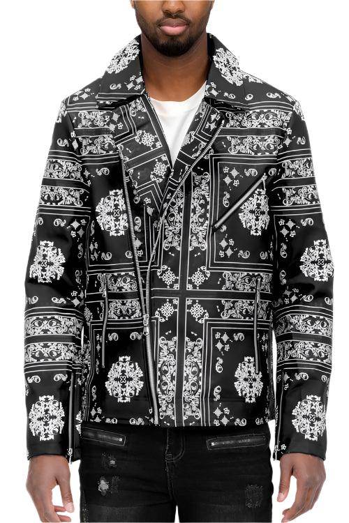 Men's WEIV black leather jacket with white bandana patterns, a stylish look for casual wear