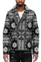 WEIV Men's Black and White Printed Jacket with Red Bandana Leather Jacket Style