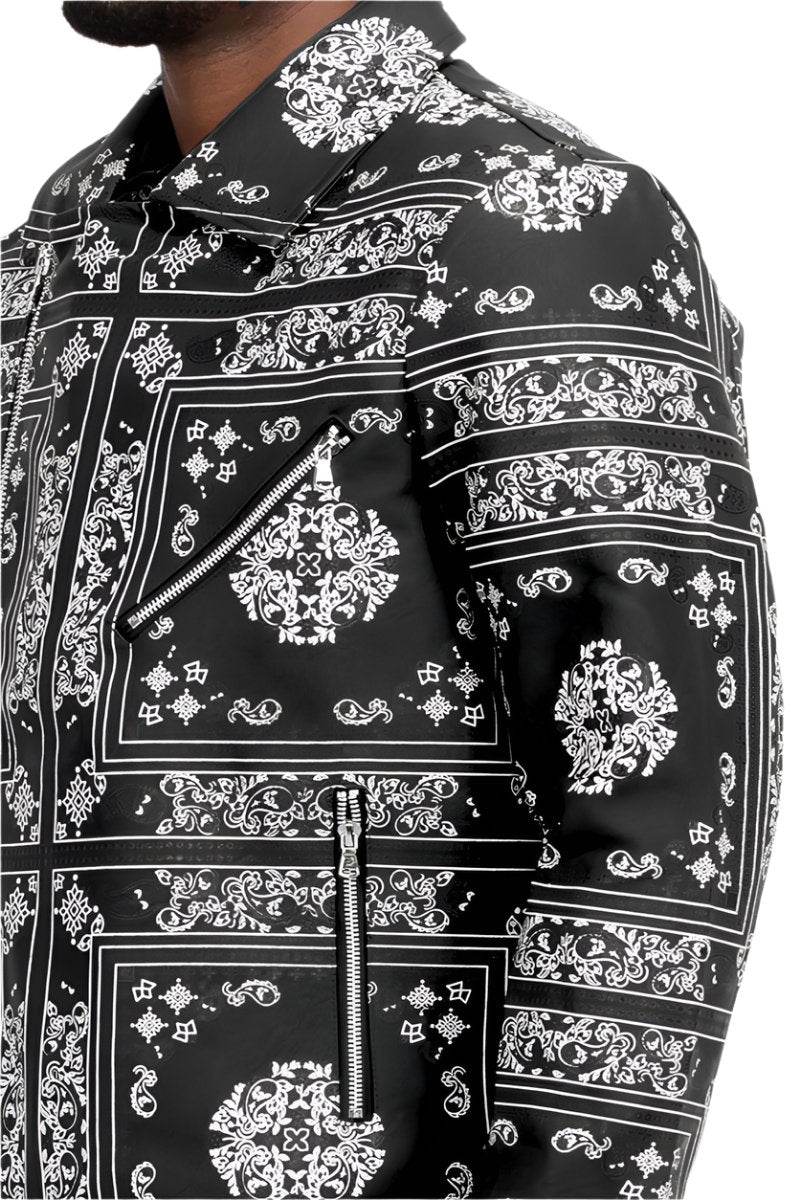 WEIV red bandana leather jacket featuring intricate black and white patterns and stylish zippered pockets