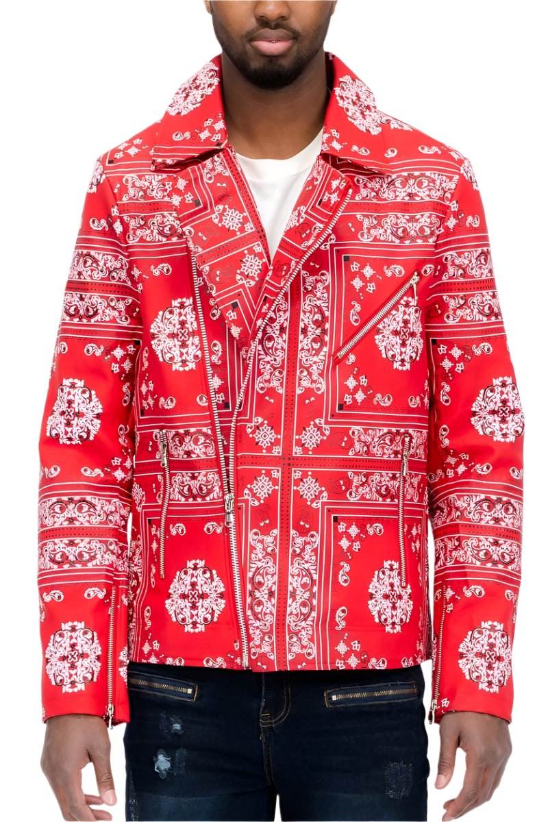 Fashionable red bandana leather jacket for men featuring intricate patterns and a stylish fit