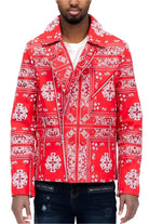 Fashionable red bandana leather jacket for men featuring intricate patterns and a stylish fit
