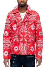 Fashionable red bandana leather jacket for men featuring intricate patterns and a stylish fit