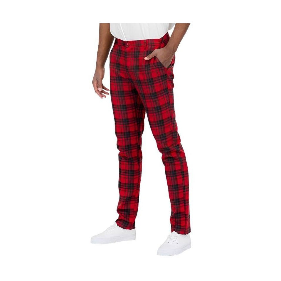 Men's red black plaid pants by WEIV, featuring a slim fit design and stylish pattern