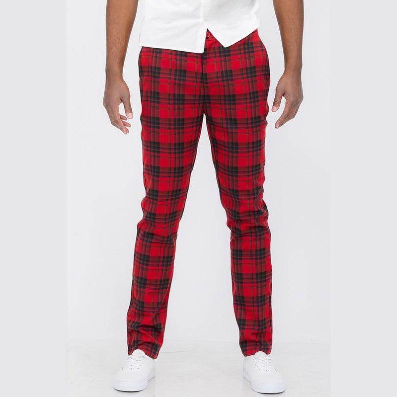 Men's WEIV red black plaid pants in a slim fit style for a fashionable look