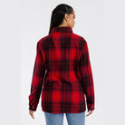 Back view of a women's red black plaid shacket perfect for layering in the colder months