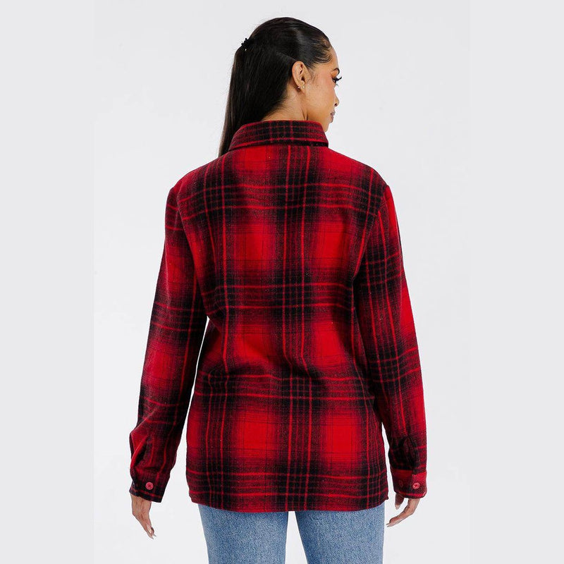 Back view of a women's red black plaid shacket perfect for layering in the colder months