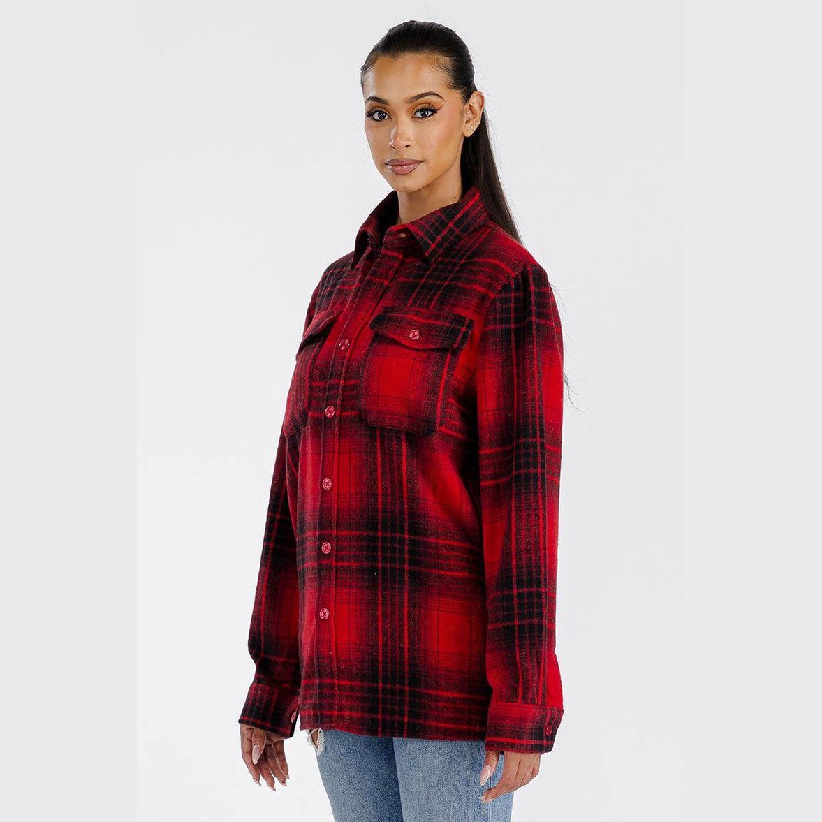 WEIV Women's Red Black Plaid Shacket with Button Closure and Front Pocket